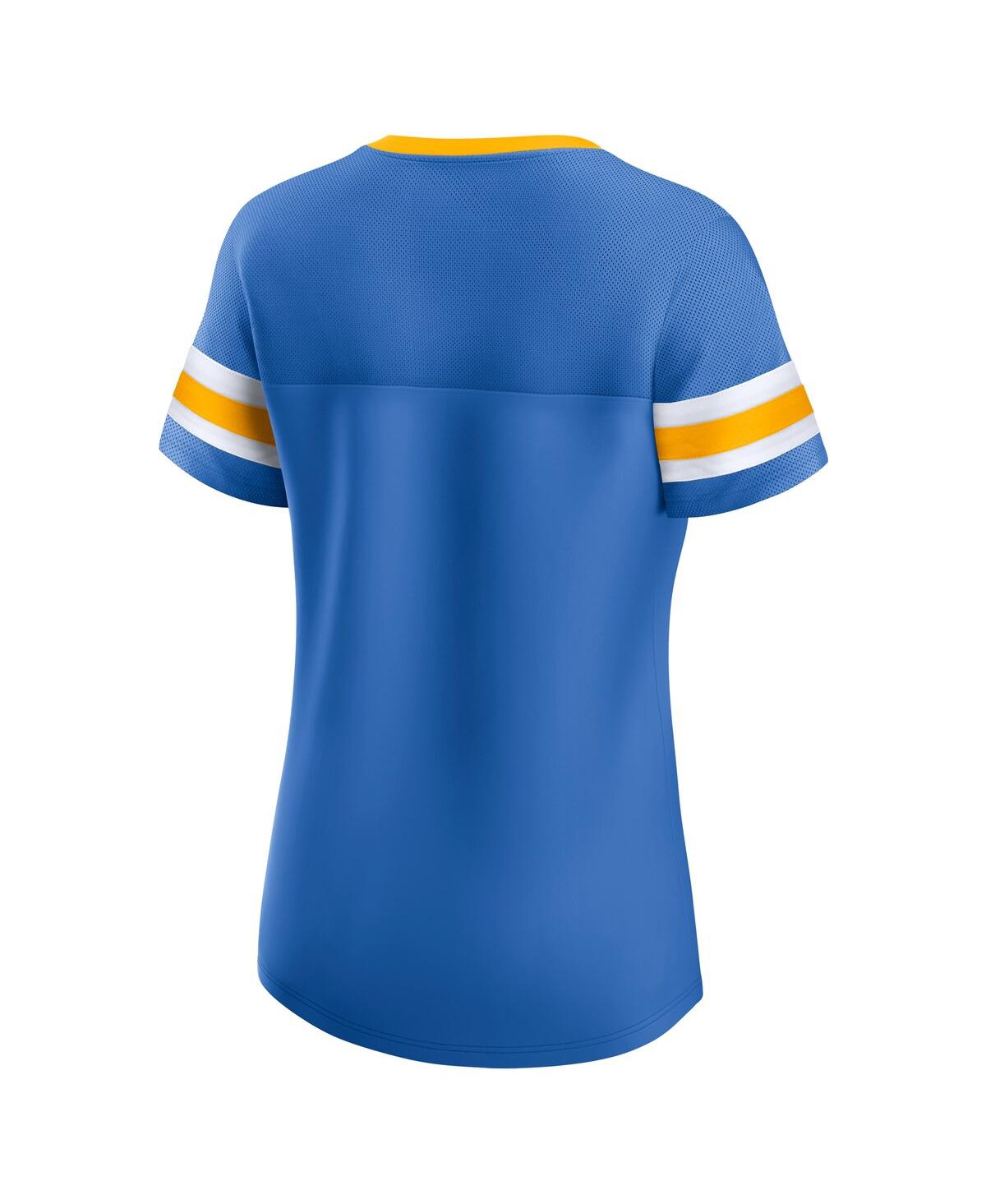 Fanatics Women's Powder Blue Los Angeles Chargers True Catch Iconic Rhinestone Bling Athena Lace-up T-shirt In Blue