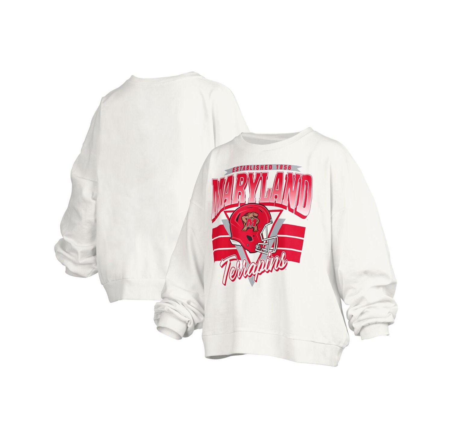 Women's White Maryland Terrapins Janice Retro Logo Oversized Pullover Sweatshirt