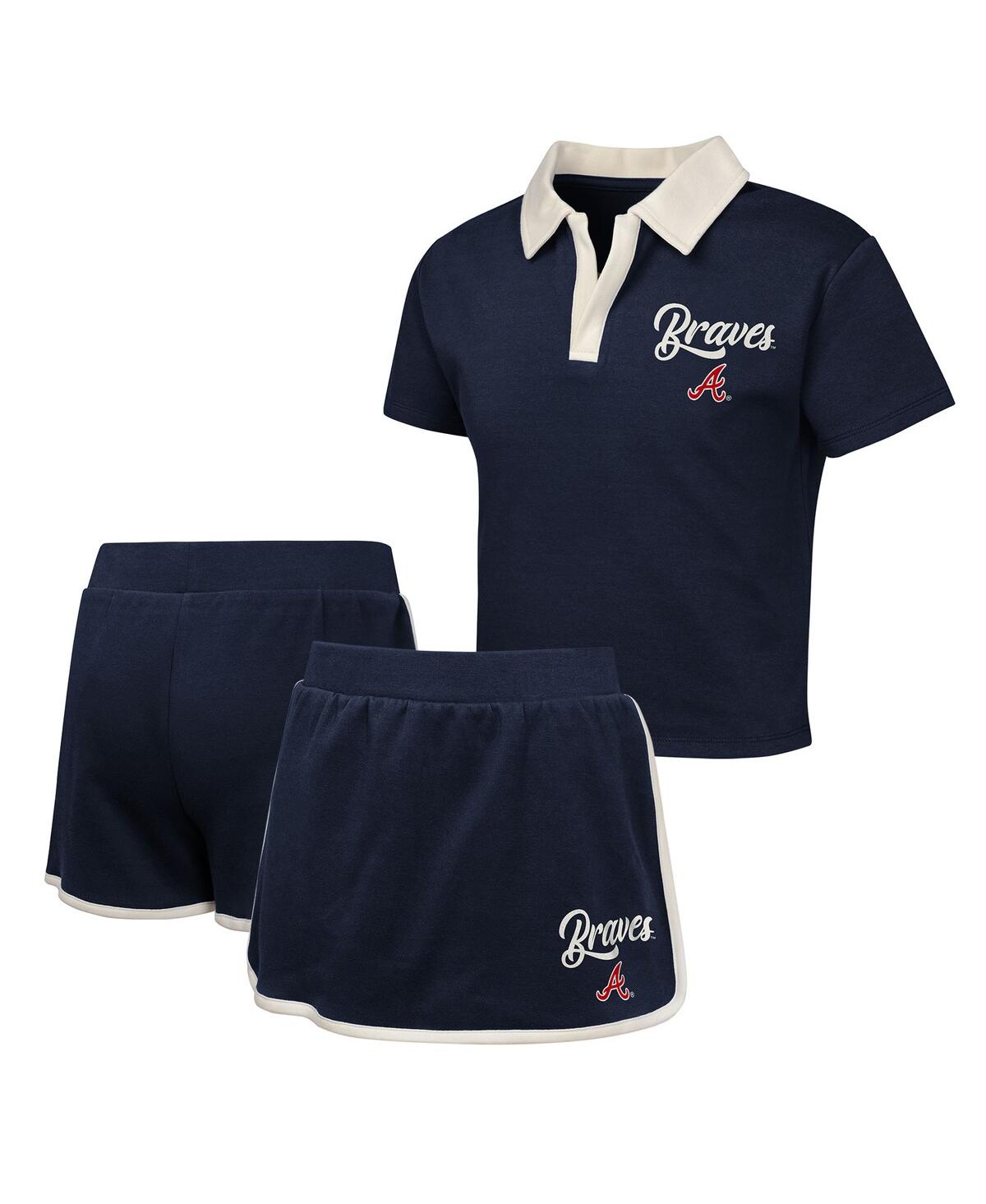 Outerstuff Kids' Big Girls Navy Atlanta Braves Base Trainer Johnny Polo Shirt And Skort Set In Blue