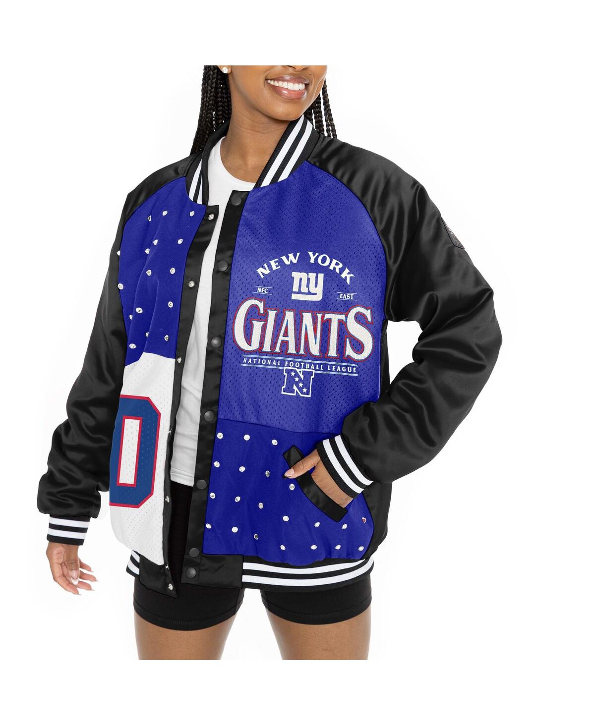 Gameday Couture Women's Black/royal New York Giants Oversized Hot Shot Rhinestone Throwback Full-snap Varsity Bomber In Multi