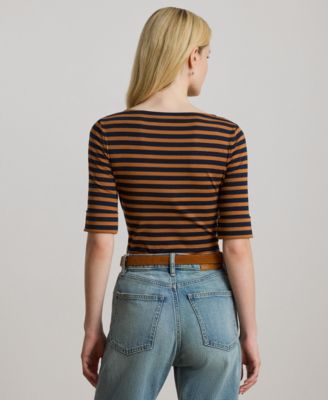 Petite Striped Stretch Cotton Boatneck Tee