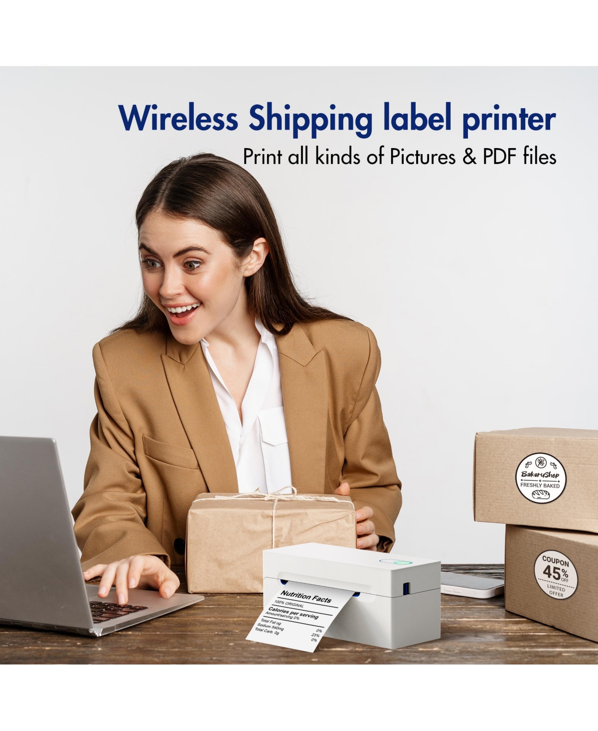 Nelko Bluetooth Thermal Shipping Label Printer, Wireless 4x6 Shipping Label Printer for Small Business, Support Android, iPhone, Windows, and Mac, Wid