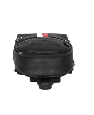 Pebbled Leather Mini Backpack with Red and White Racing Stripe, Front Zipper Pocket, Adjustable Shoulder Straps, and Compact Interior – Stylish Hands-Free Everyday Bag for Women or Teens