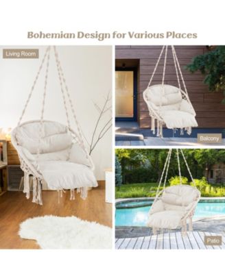 Boho Hanging Chair with Thick Cushion and Macrame Details