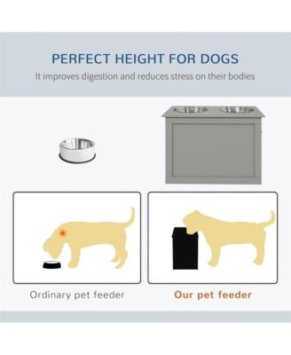Gray Raised Pet Feeding Station Storage with 2 Stainless Steel Bowls for Large Dogs