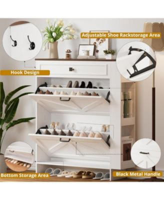 Shoe Storage Cabinet with 2 Flip Drawers and Barn Door, White/Walnut