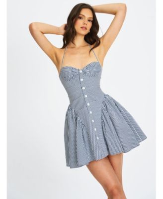 Women Melody Navy Blue Railroad Stripe Halter Drop Waist Mini Dress