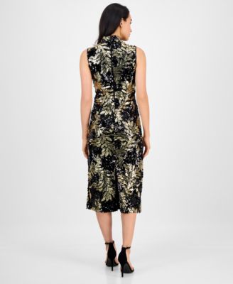 Women's Mock-Neck Sleeveless Sequined Midi Dress