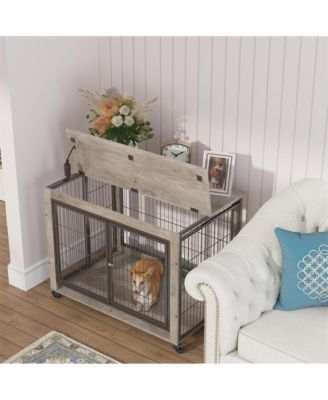 Grey Dog Crate Side Table with Wheels Double Doors and Lift Top