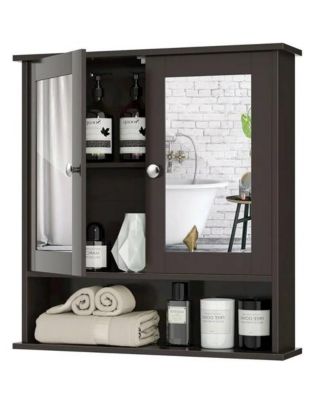 Wood Bathroom Wall Cabinet with Mirrored Doors and Interior Storage Shelf