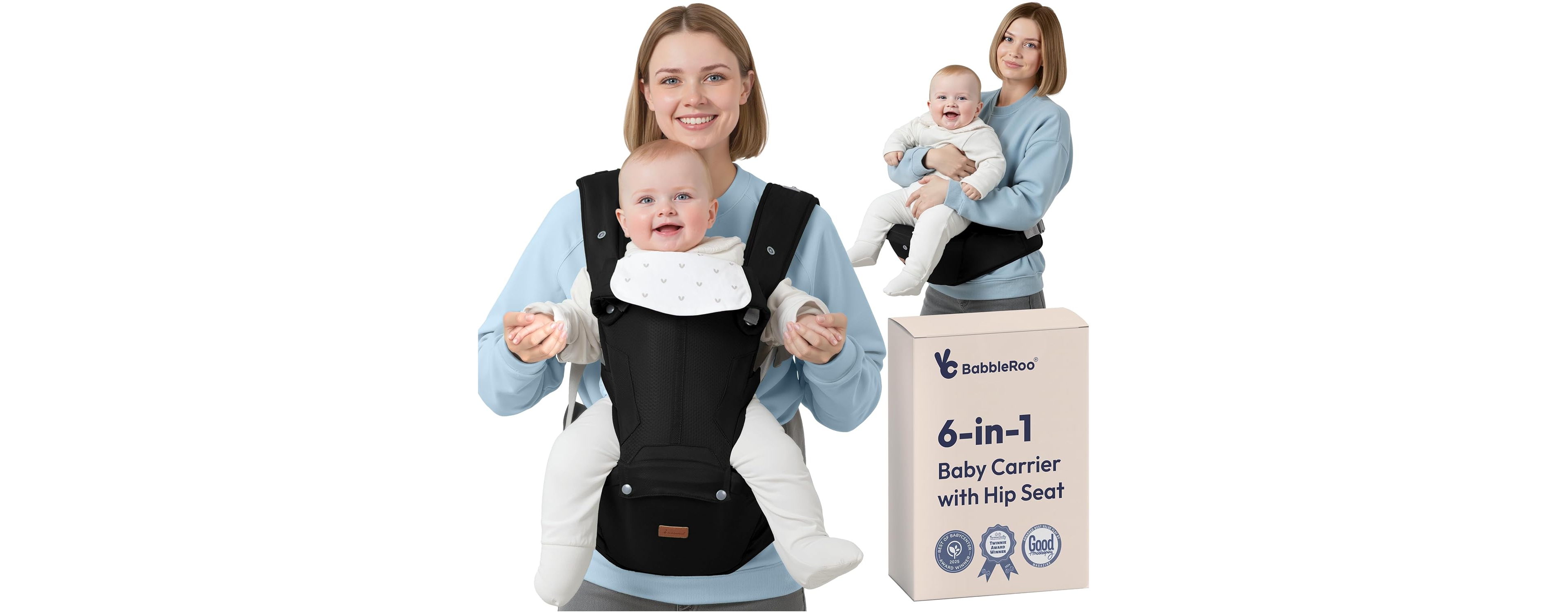 BabbleRoo Kids Carrier 6 1 with Hip Seat, Comfy & Adjustable Kangaroo Rose