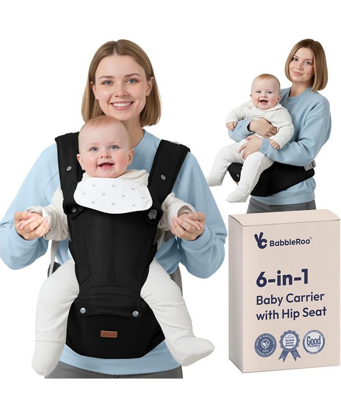 BabbleRoo Kids Carrier 6 in 1 Carrier with Hip Seat, Comfy & Adjustable Kangaroo Rose - Black