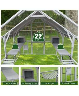 110 in. Outdoor Cat House Cat Enclosures with Platforms Upgrade Waterproof Cover in Gray White