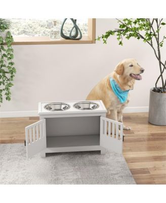 37 in-L White Elevated Dog Bowls Storage Cabinet Raised Dog Bowl Stand Feeding Station