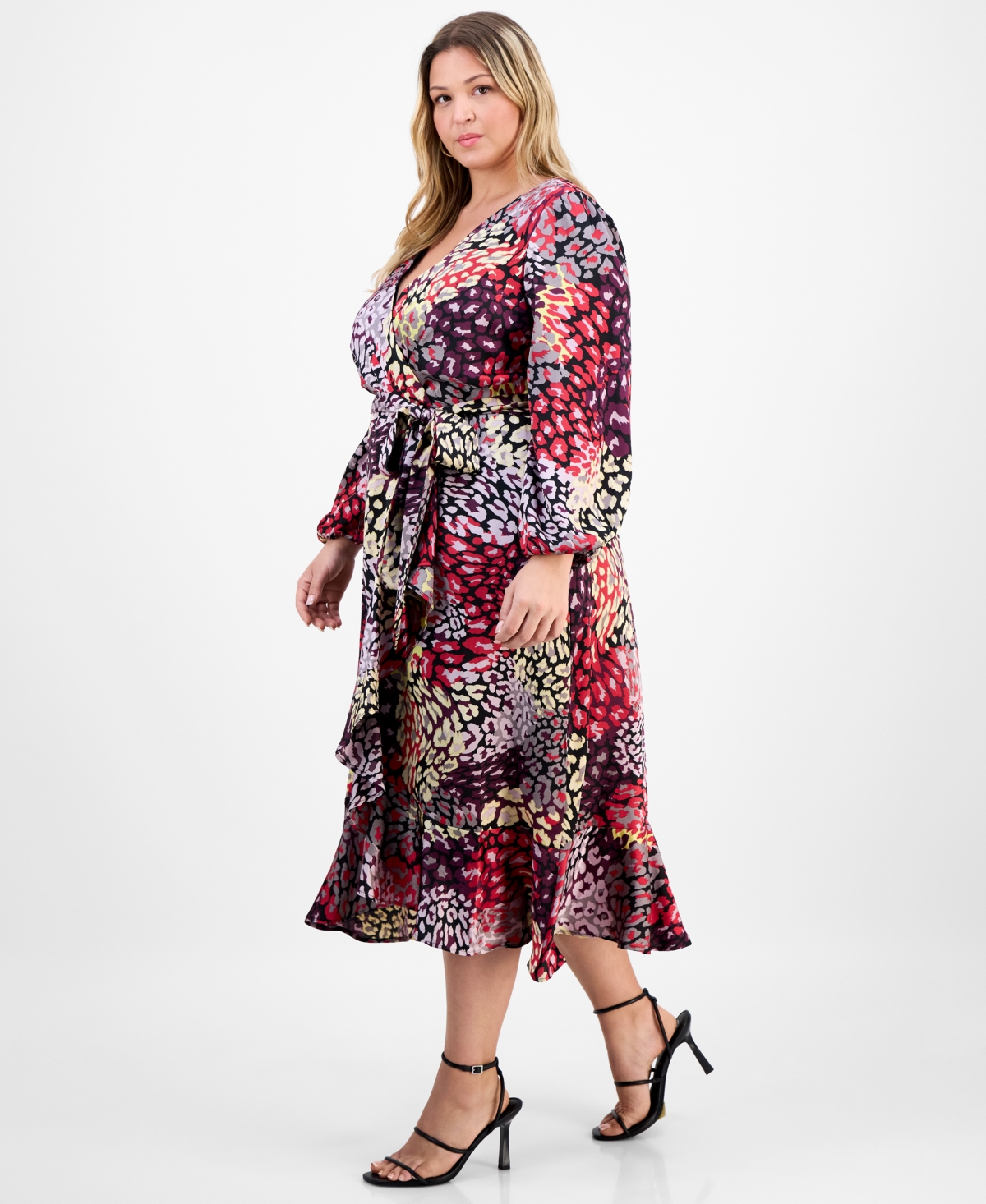 Tahari Asl Plus Size Ruffle Hem Printed Faux-wrap Dress In Multi