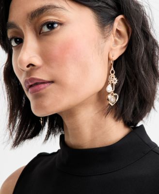 Pav&eacute; Heart & Imitation Pearl Shaky Linear Drop Earrings, Macy's Exclusive