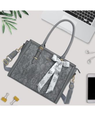 Gray 17-17.3 Inch PU Leather Laptop Tote Bag for Women - Compatible with MacBook, HP, Dell, Asus - Retro Hibiscus Embossed Computer Bag