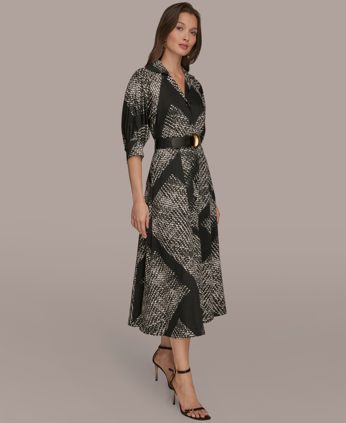 Donna Karan Abstract Houndstooth Check Belted Midi Shirtdress In Multi