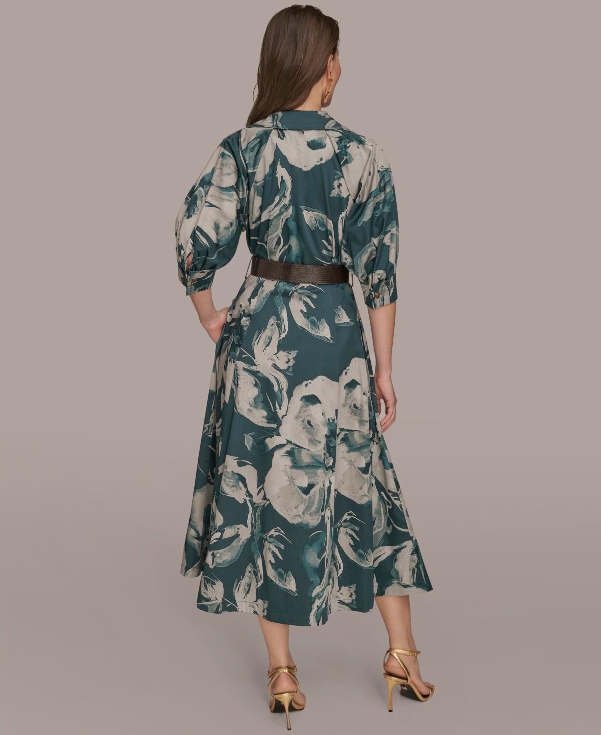 Donna Karan Abstract Floral Belted Midi Shirtdress In Green