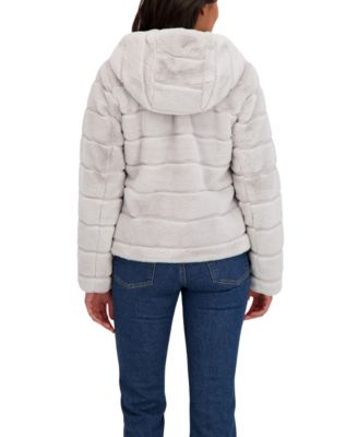 Women's Hooded Grooved Short Faux Fur Jacket