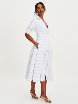 Women's Palina Pinstripes Cotton Poplin Pleated Midi Preppy Shirt Dress