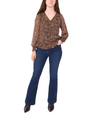 Petite Smocked Shoulder V-Neck Blouse Top