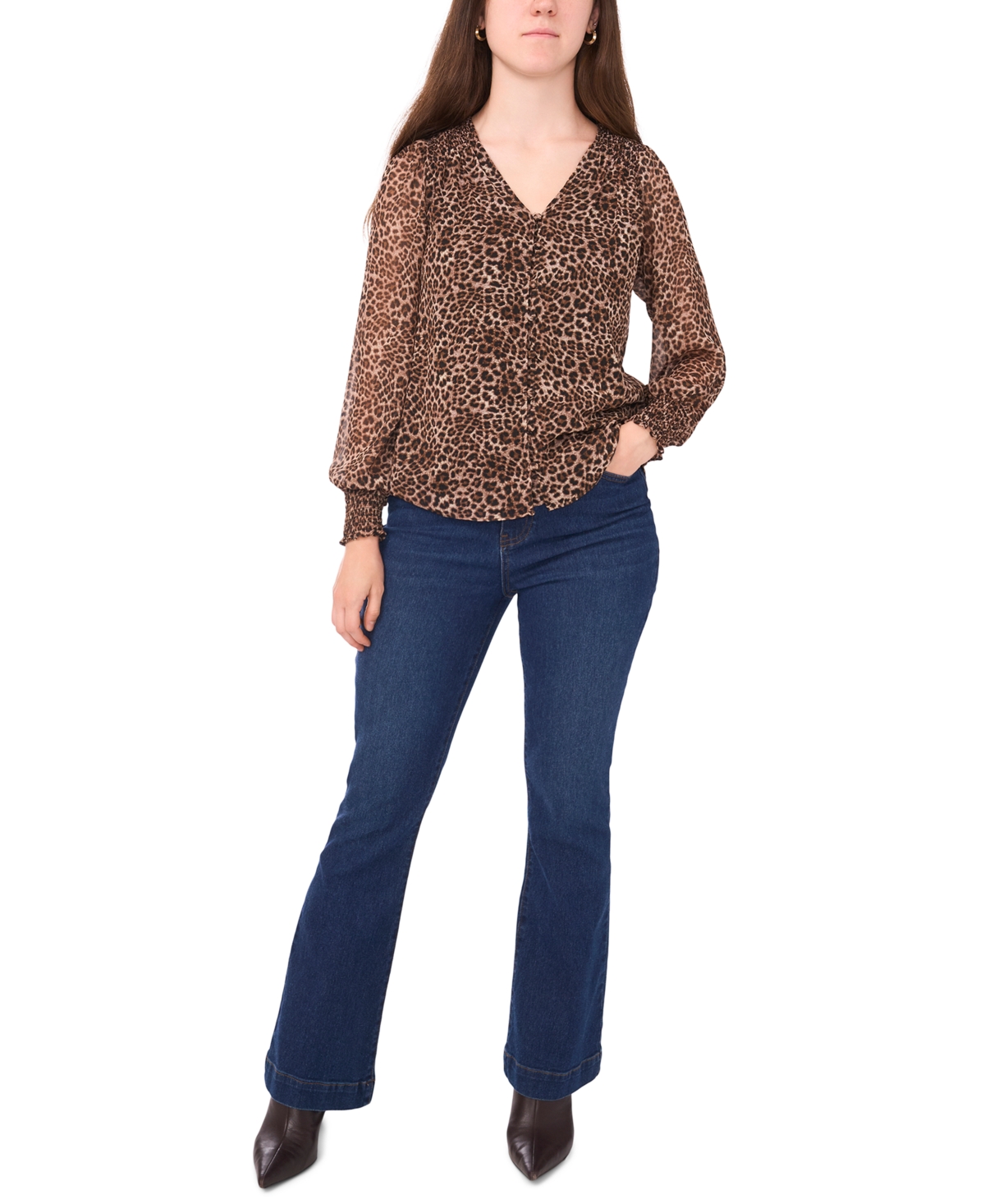 Sam & Jess Petite Smocked Shoulder V-neck Blouse Top In Brown