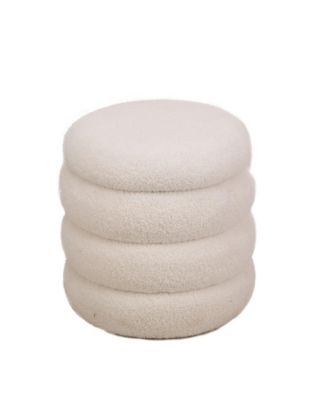 - White Boucl&eacute; Pouf with Storage Vintage Style Upholstery Living Room