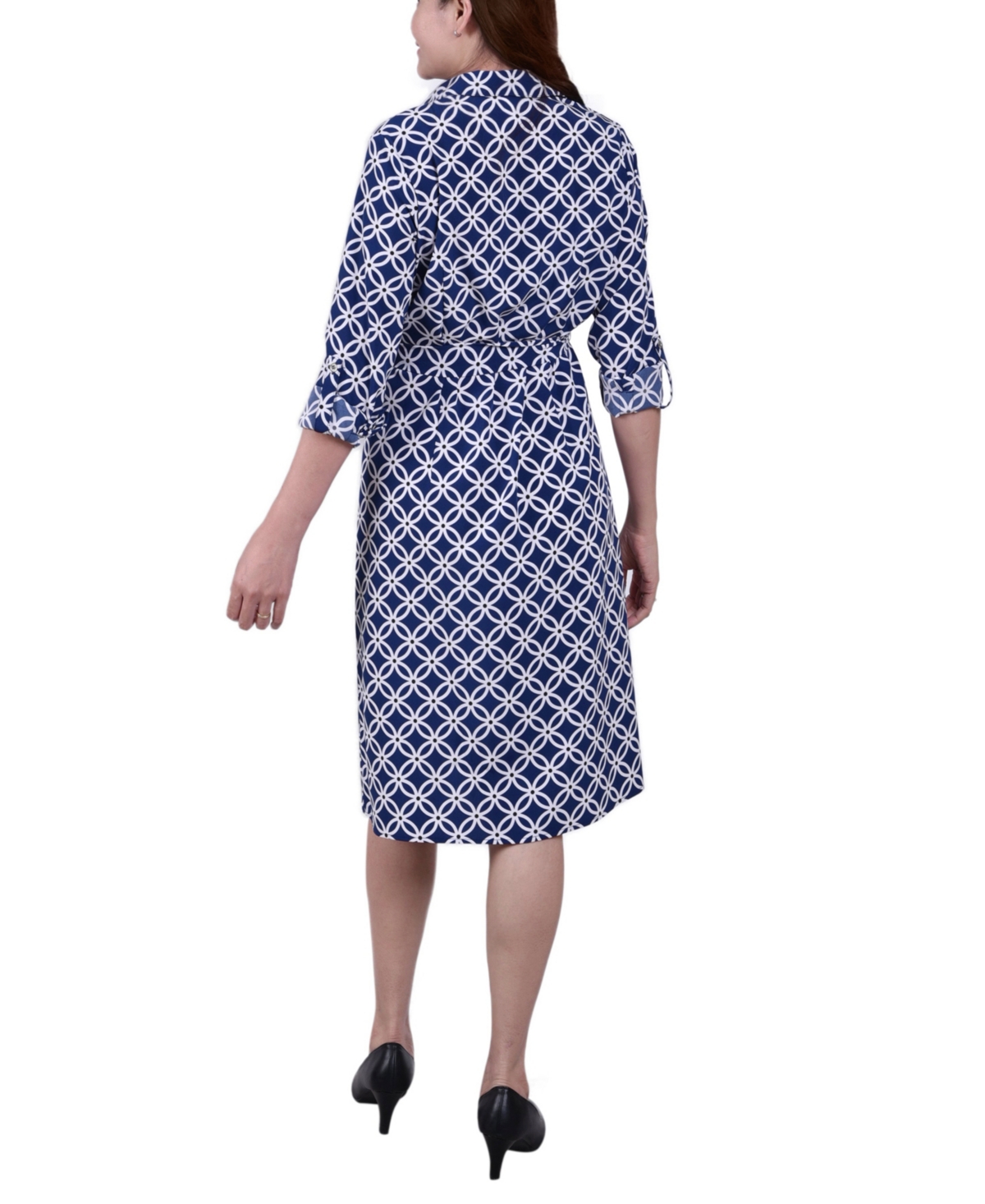 Ny Collection Petite 3/4 Roll Tab Sleeve Belted Shirtdress In Blue