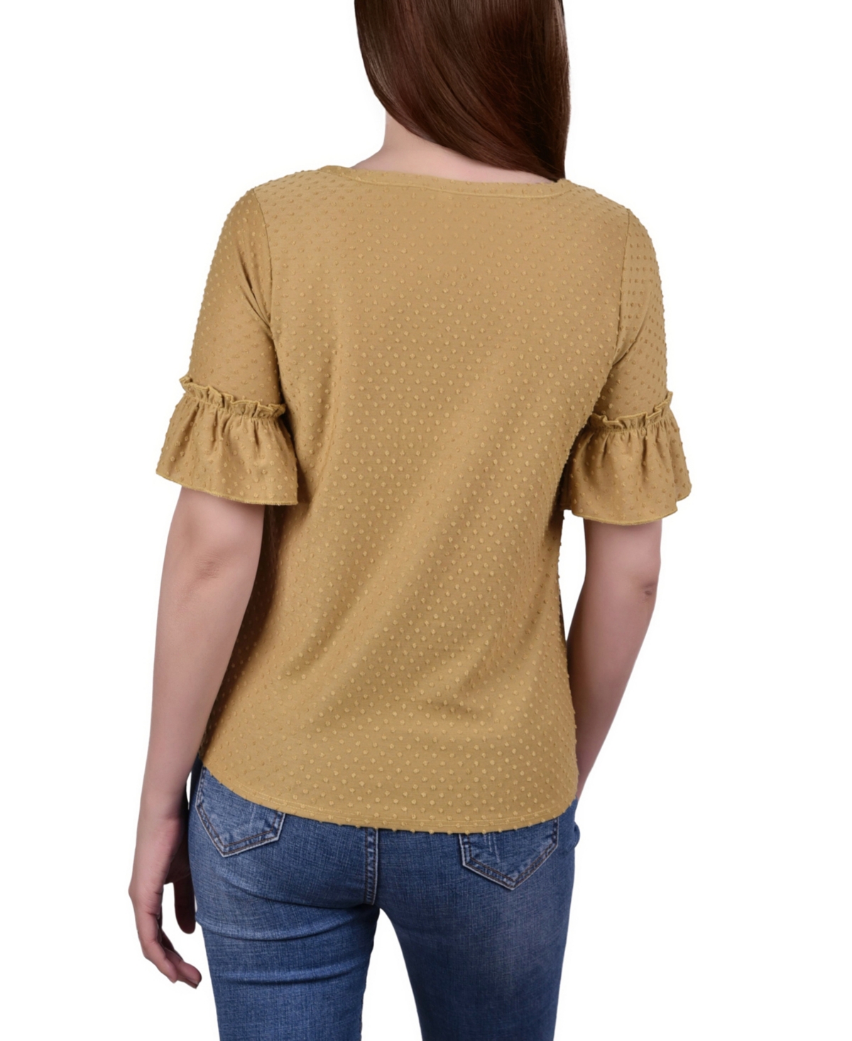 Ny Collection Petite Short Sleeve Tie Waist Swiss Dot Top In Gold