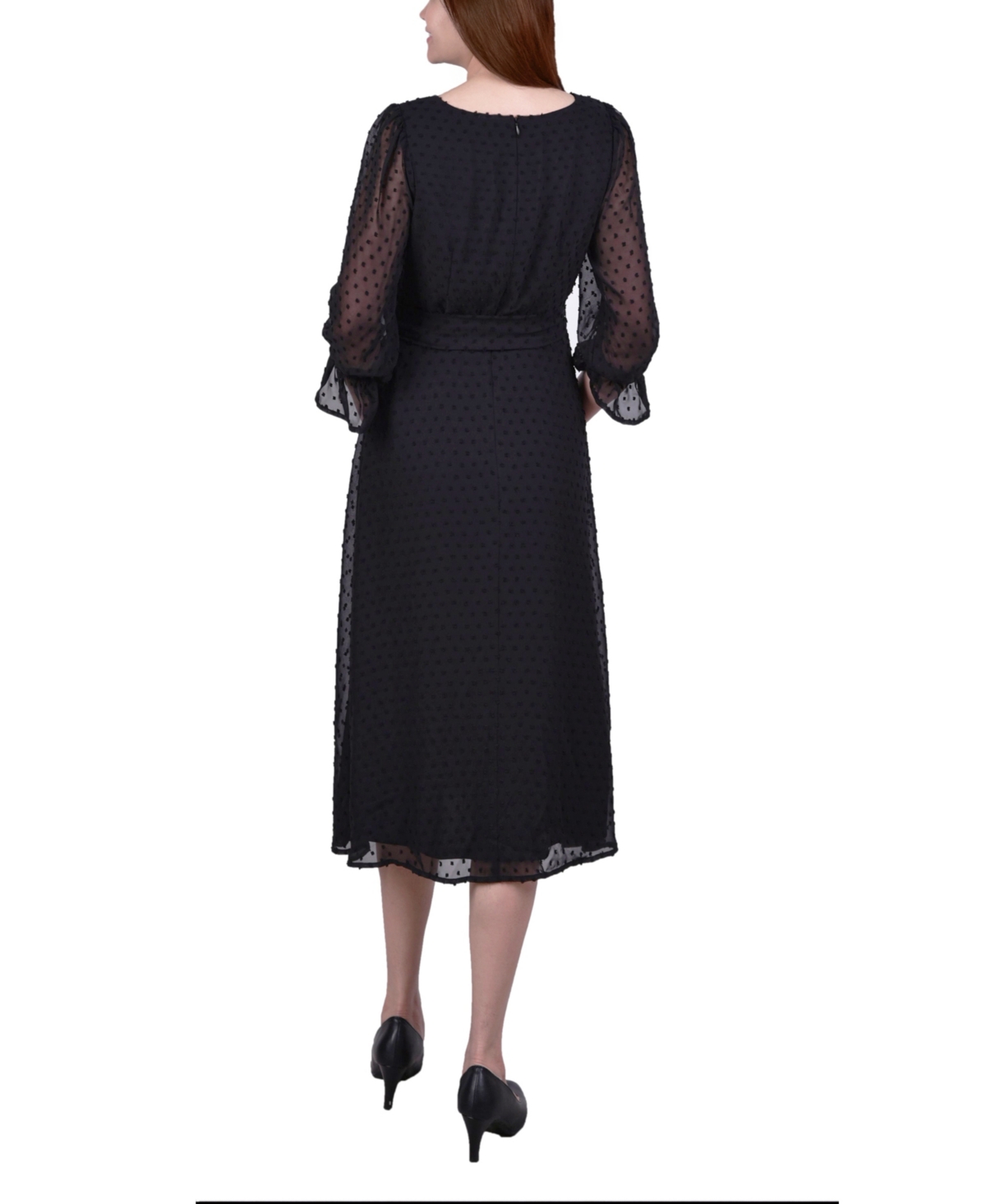 Ny Collection Petite 3/4 Sleeve Belted Swiss Dot Dress In Black