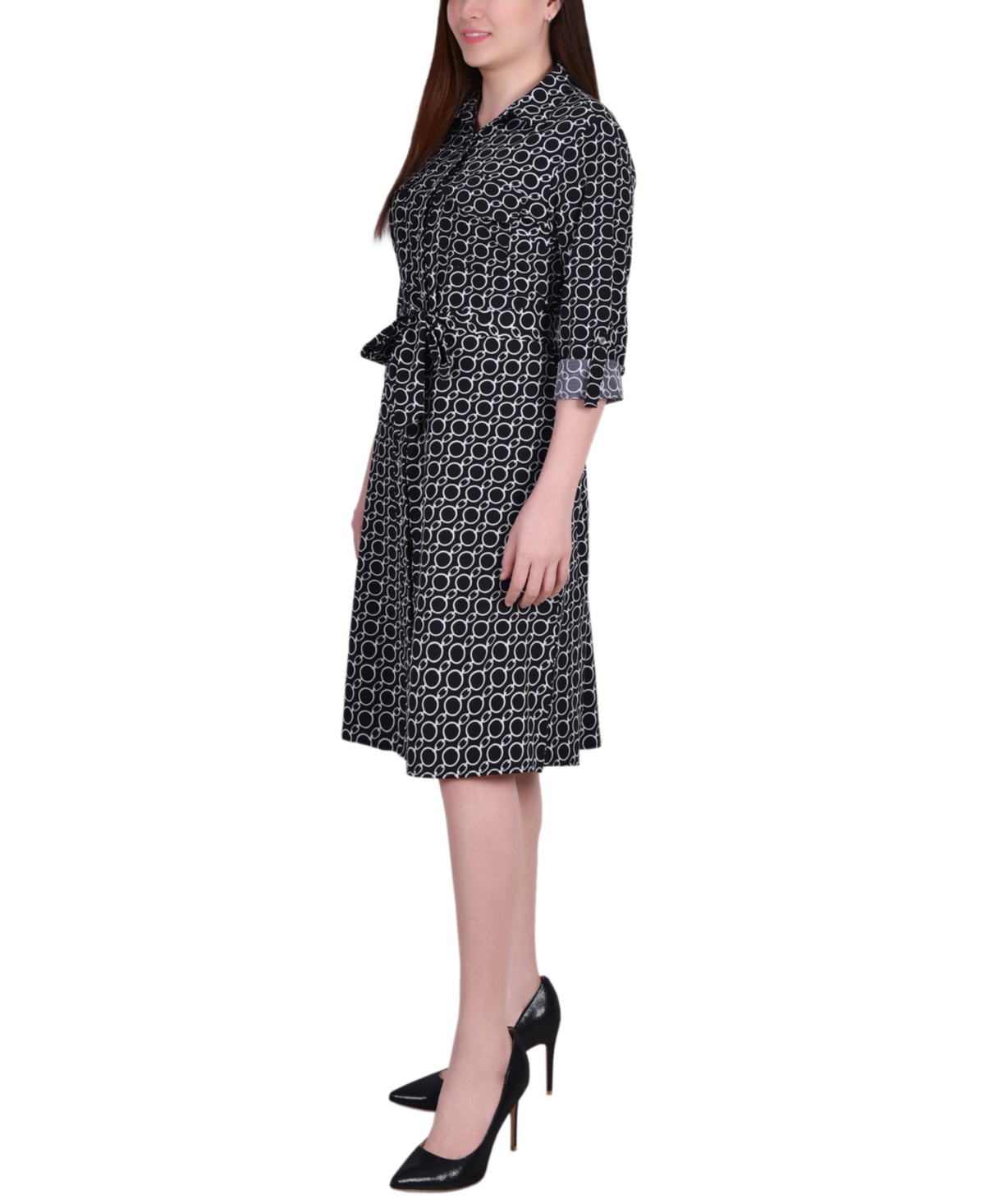Ny Collection Petite Geometric Printed Long Sleeve Roll Tab Shirtdress In Black