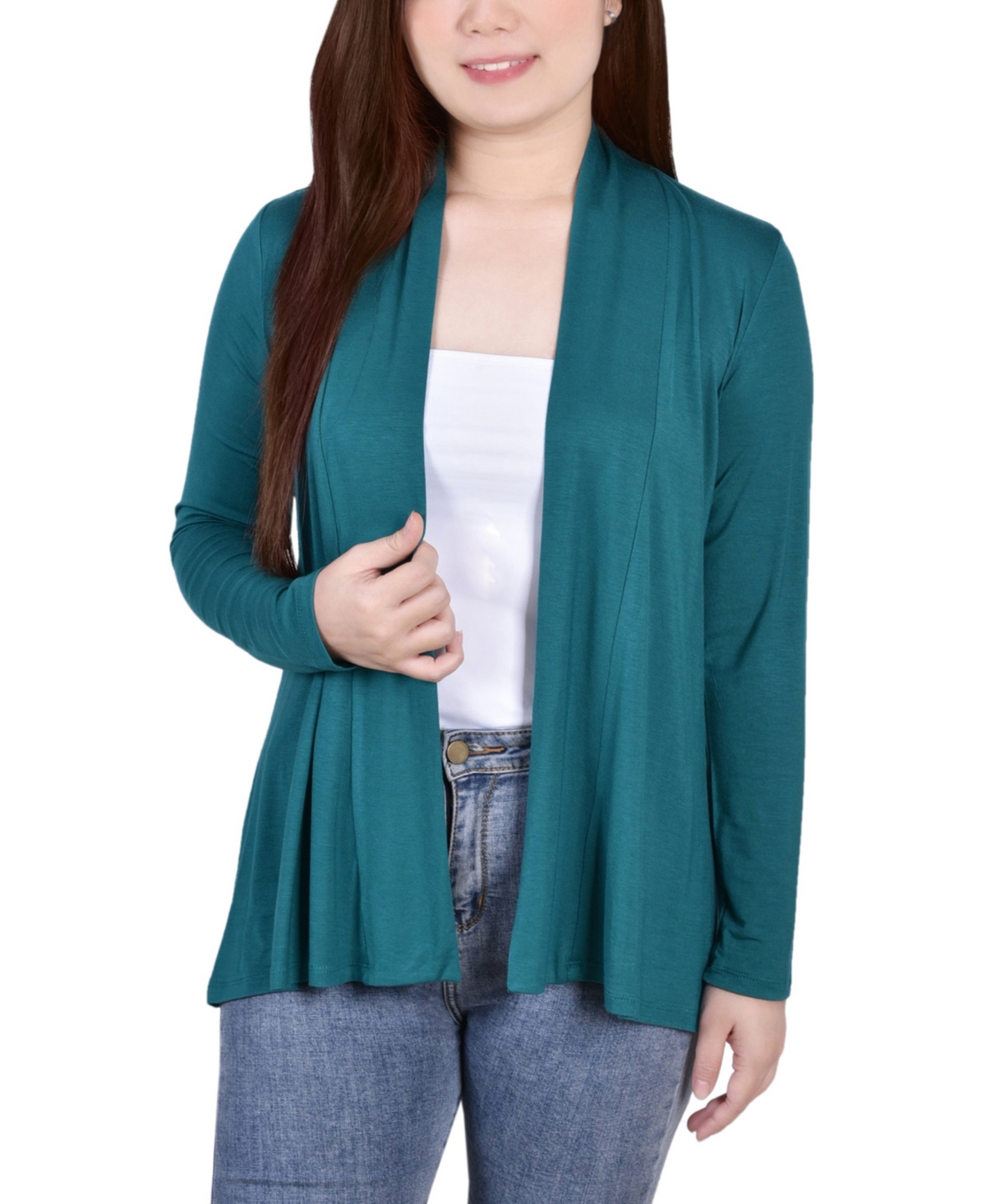 Ny Collection Petite Solid 3/4 Sleeve Cardigan Sweater In Green