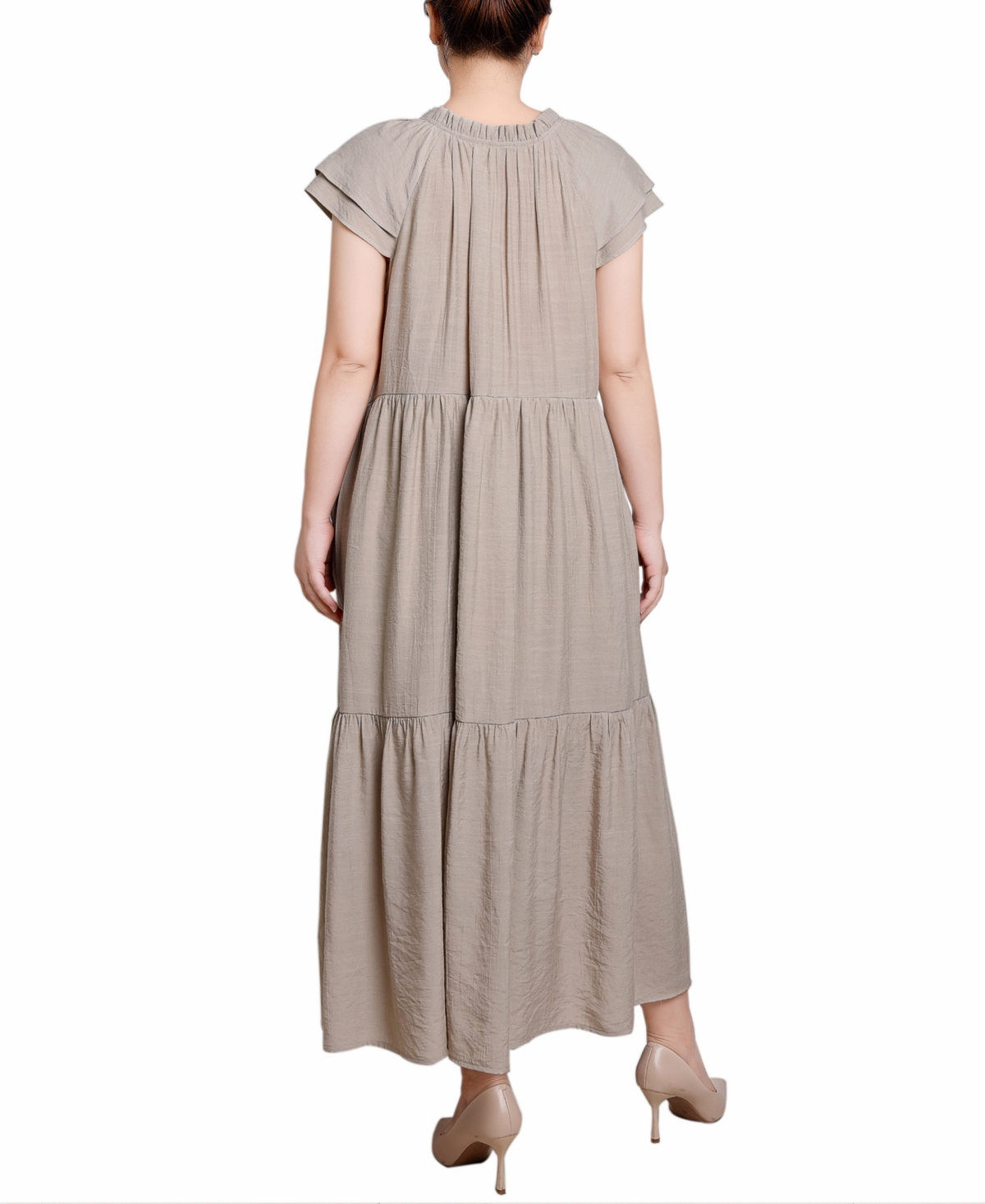 Ny Collection Petite Short Sleeve Midi Slubbed Dress In Neutral