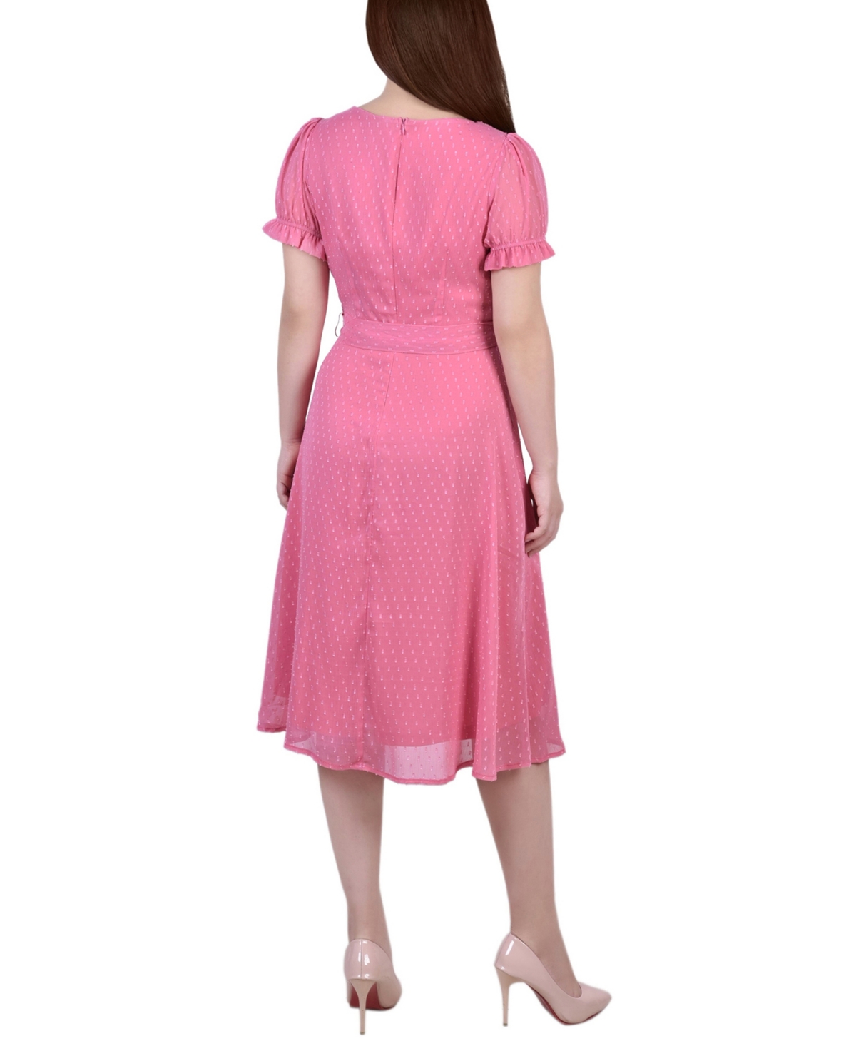 Ny Collection Petite Short Sleeve Belted Swiss Dot Dress In Pink