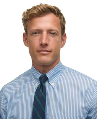 Men's Regular Fit Non-Iron Polo Button-Down Thin Stripe Broadcloth Dress Shirt