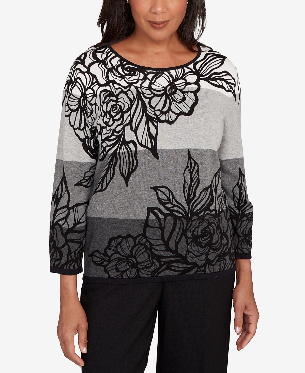 Alfred Dunner Women's Classic Ombre Floral Block Stripe Sweater In Gray