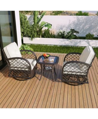 3-piece Outdoor Chair&Table Set Chat Set 2-person Rattan Seating Group with Two Swiveling and Rocking Chairs and a Square Table for Garden, Patio, or Balcony, Brown
