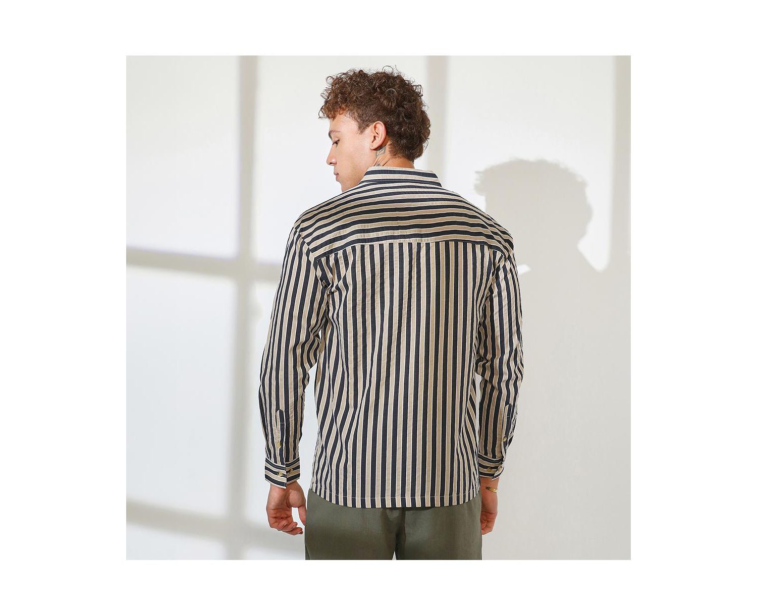 Men's Navy Blue & Khaki Beige Candy Striped Oversized Shirt