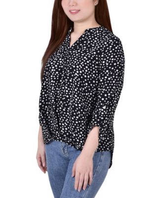 Petite 3/4 Push Tab Mandarin Collar Top