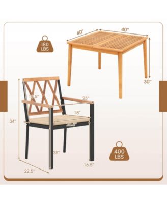 Set Of 5 Patio Acacia Wood Dining Set w/ Soft Seat Cushions Umbrella Hole for Yard