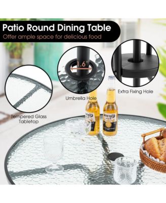 6 PCS Patio Dining Set w/ Umbrella 4 Folding Patio Chairs w/ Round Tempered Glass Table