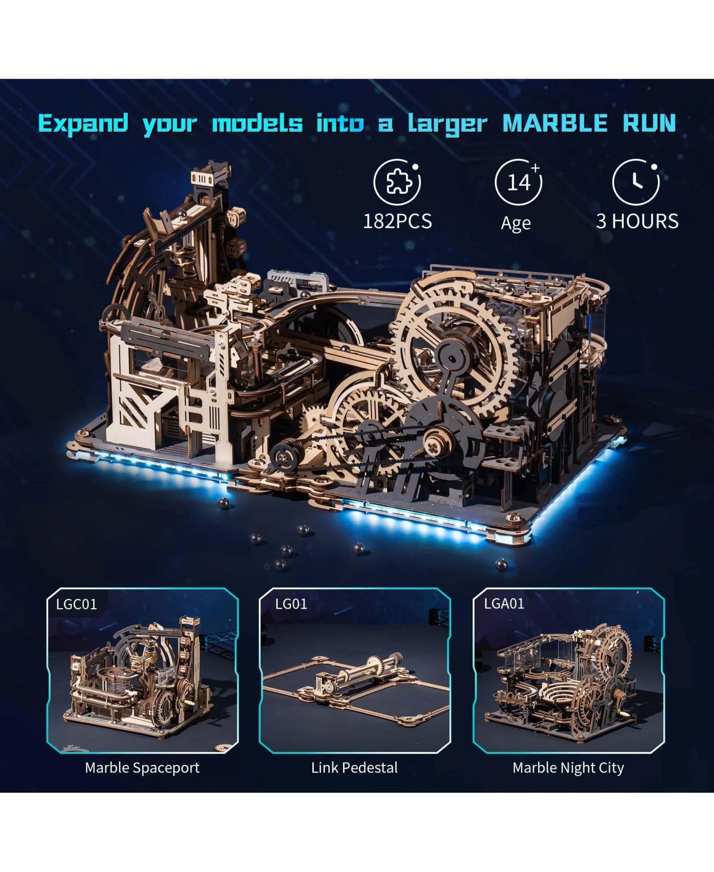 Детский конструктор Robotime Spaceport and Night City 3D Puzzle Marble Run 182-Piece Building Set, Ages 14+ — фото 2