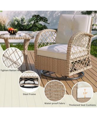 3-piece Outdoor Chair&Table Set Chat Set 2-person Rattan Seating Group with Two Two Swiveling and Rocking Chairs and a Square Table for Garden, Patio, or Balcony, Natural
