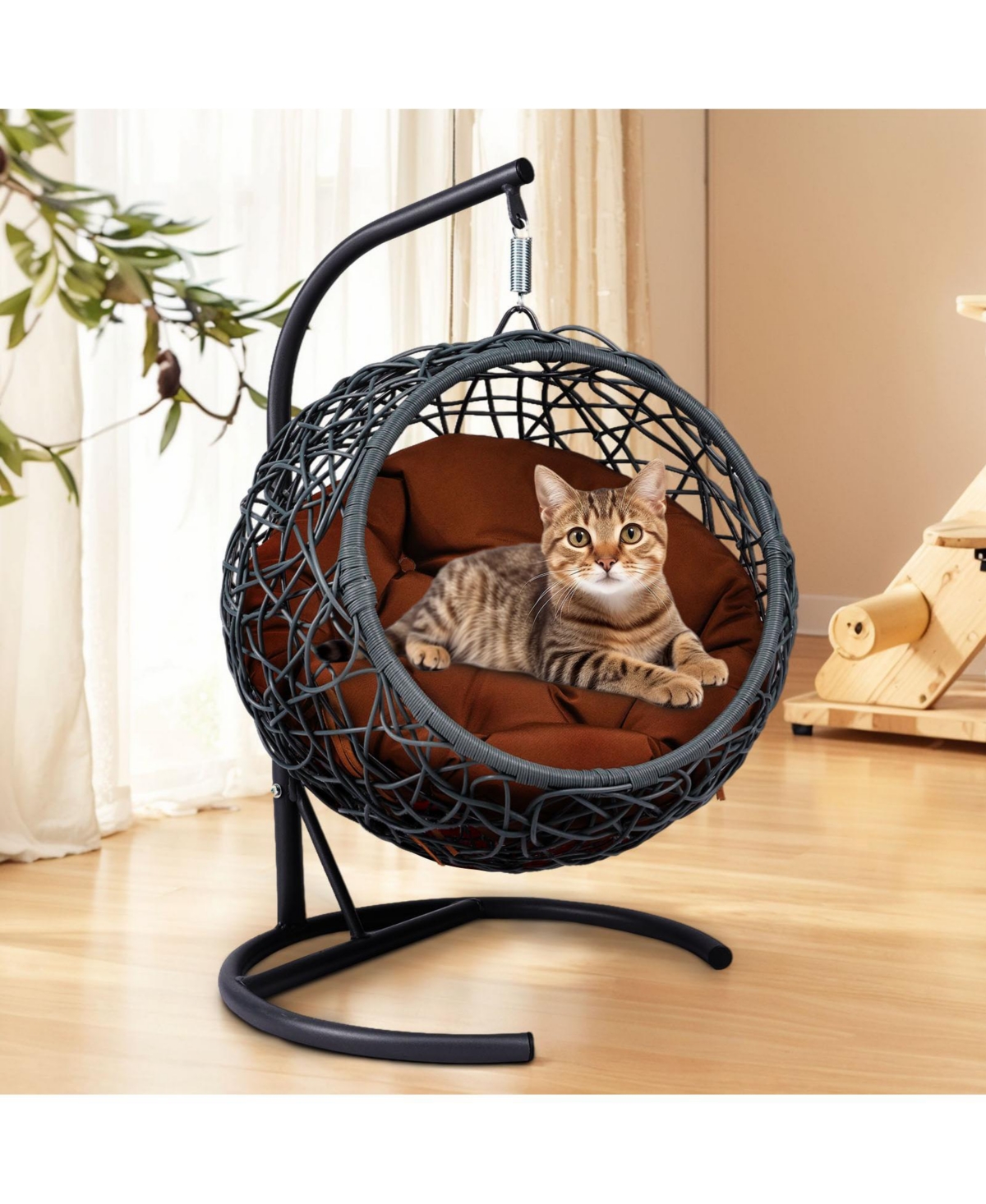 Cat Swing Bed with Stand & Cushion, Cat Egg Chair with Rattan Wicker Appearance, Indoor Hanging Swinging Cat Bed for Cats, Small Dogs, and Small Anima