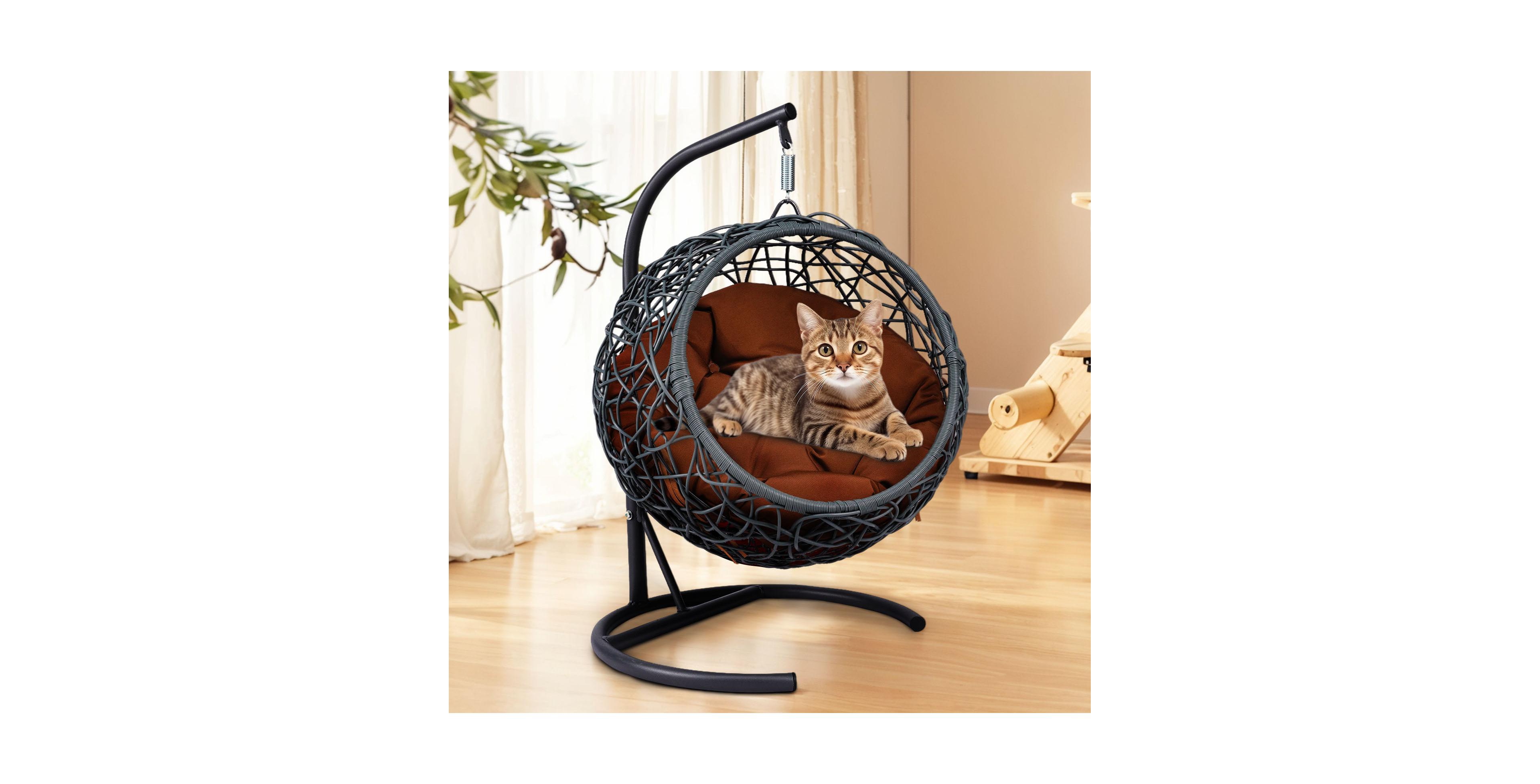 Cat Swing Bed with Stand & Cushion, Cat Egg Chair with Rattan Wicker Appearance, Indoor Hanging Swinging Cat Bed for Cats, Small Dogs, and Small Anima