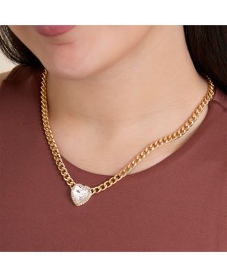 Gold-Tone Heart Pendant Necklace & Crystal Stud Earring Set