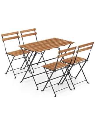 5 PCS Patio Acacia Wood Dining Set w/ 4 Folding Chairs Slatted Seat & Tabletop
