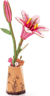 3D Puzzles Pink Lily DIY Model Building Kits Artifical Flower Toys for Thanksgiving Mother's Day, Multicolored, 9.65"6.5"1.65