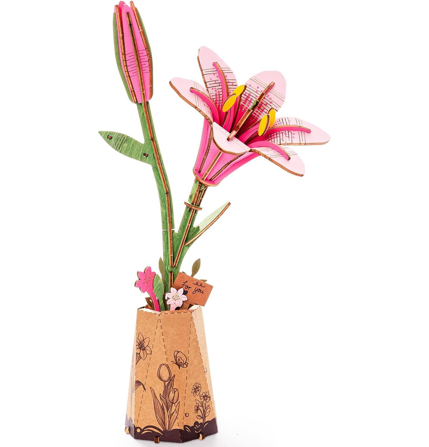 Детские игрушки Robotime 3D Puzzles Pink Lily DIY Model Building Kits Artifical Flower Toys for Thanksgiving Mother's Day, Multicolored, 9.65"6.5"1.65 — фото 1